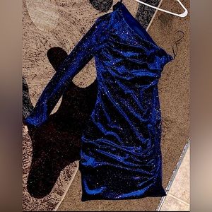 Royal blue, one sleeve, sparkly, homecoming dress